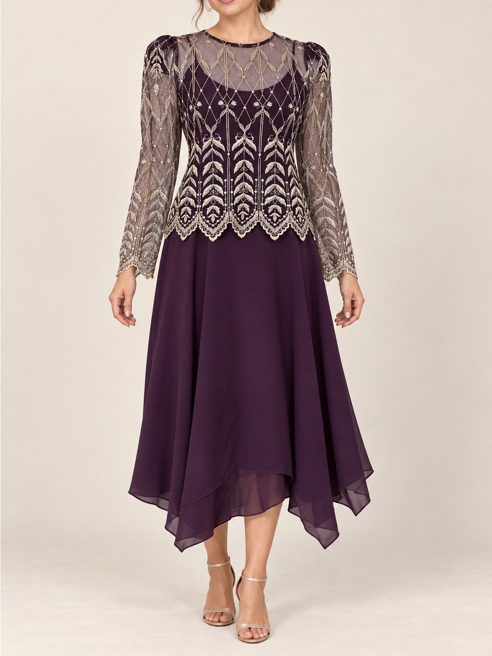 Purple Gold Embroidered Midi Dress Cachet Bari Protas 11/12 Sheer Sleeves Formal